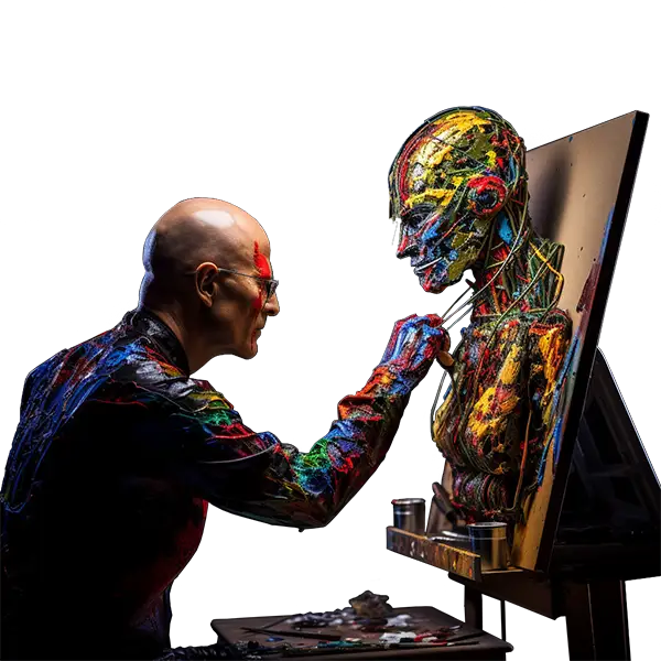 a painter interacting with his AI painting